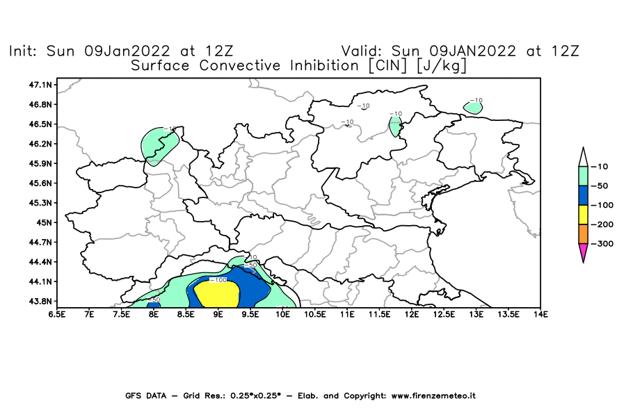 Mappa di analisi GFS - CIN [J/kg] in Nord-Italia
							del 09/01/2022 12 <!--googleoff: index-->UTC<!--googleon: index-->