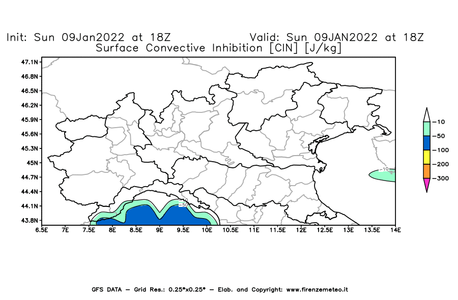 Mappa di analisi GFS - CIN [J/kg] in Nord-Italia
							del 09/01/2022 18 <!--googleoff: index-->UTC<!--googleon: index-->