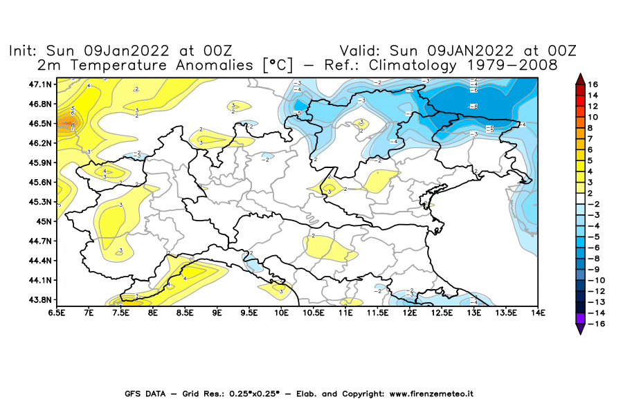 Mappa di analisi GFS - Anomalia Temperatura [°C] a 2 m in Nord-Italia
							del 09/01/2022 00 <!--googleoff: index-->UTC<!--googleon: index-->