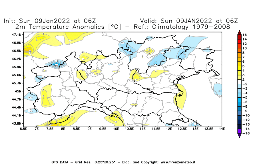 Mappa di analisi GFS - Anomalia Temperatura [°C] a 2 m in Nord-Italia
							del 09/01/2022 06 <!--googleoff: index-->UTC<!--googleon: index-->