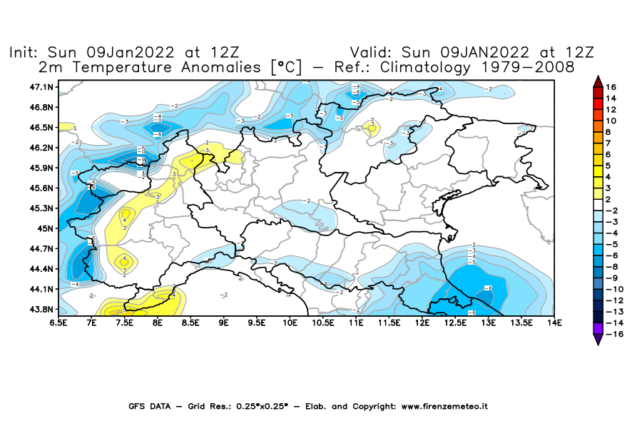 Mappa di analisi GFS - Anomalia Temperatura [°C] a 2 m in Nord-Italia
							del 09/01/2022 12 <!--googleoff: index-->UTC<!--googleon: index-->