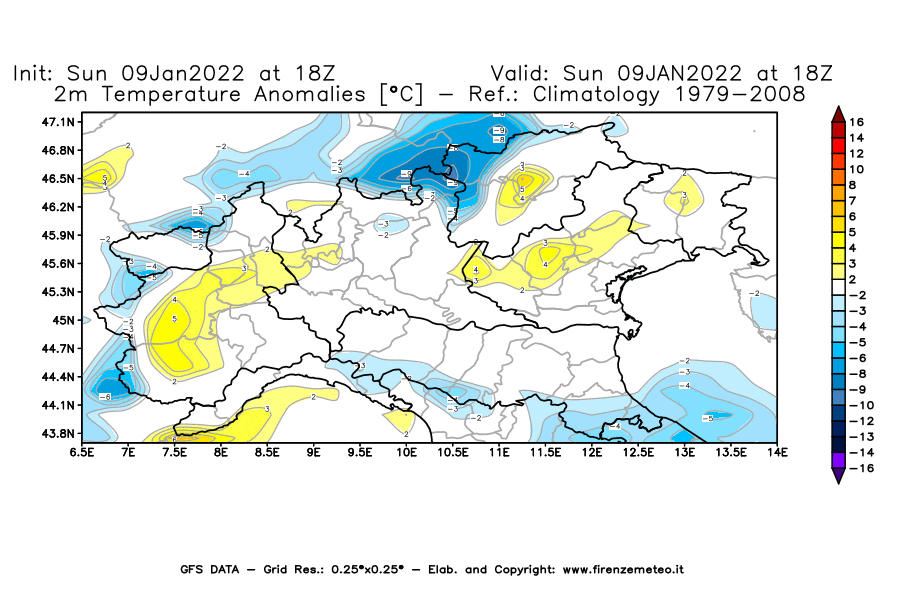 Mappa di analisi GFS - Anomalia Temperatura [°C] a 2 m in Nord-Italia
							del 09/01/2022 18 <!--googleoff: index-->UTC<!--googleon: index-->