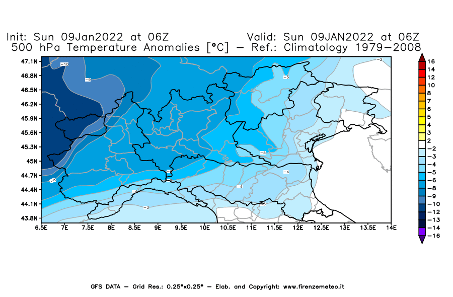Mappa di analisi GFS - Anomalia Temperatura [°C] a 500 hPa in Nord-Italia
							del 09/01/2022 06 <!--googleoff: index-->UTC<!--googleon: index-->