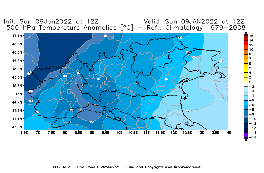 Mappa di analisi GFS - Anomalia Temperatura [°C] a 500 hPa in Nord-Italia
							del 09/01/2022 12 <!--googleoff: index-->UTC<!--googleon: index-->