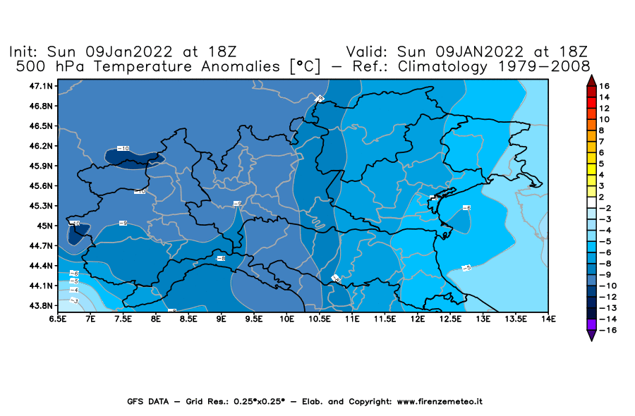Mappa di analisi GFS - Anomalia Temperatura [°C] a 500 hPa in Nord-Italia
							del 09/01/2022 18 <!--googleoff: index-->UTC<!--googleon: index-->