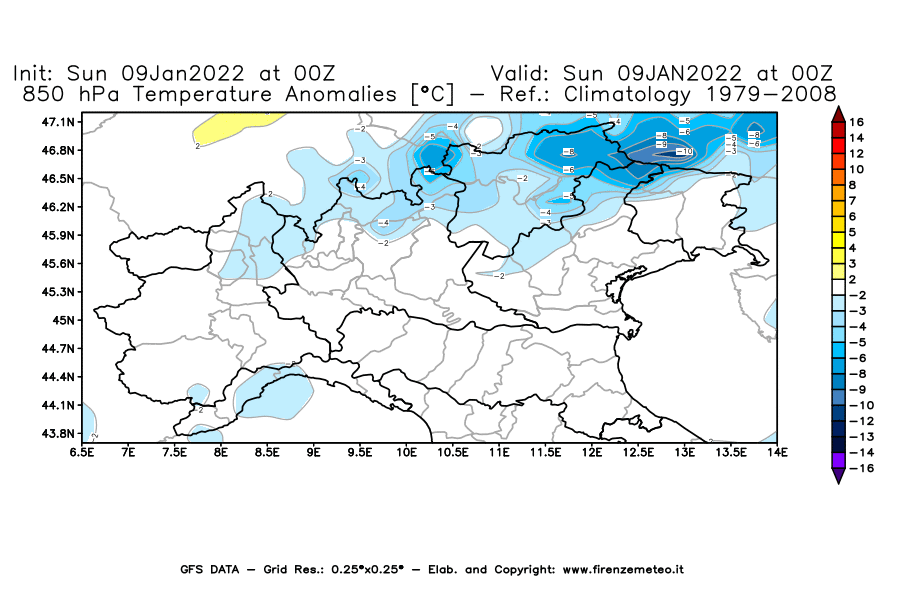 Mappa di analisi GFS - Anomalia Temperatura [°C] a 850 hPa in Nord-Italia
							del 09/01/2022 00 <!--googleoff: index-->UTC<!--googleon: index-->