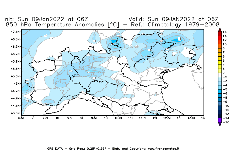 Mappa di analisi GFS - Anomalia Temperatura [°C] a 850 hPa in Nord-Italia
							del 09/01/2022 06 <!--googleoff: index-->UTC<!--googleon: index-->