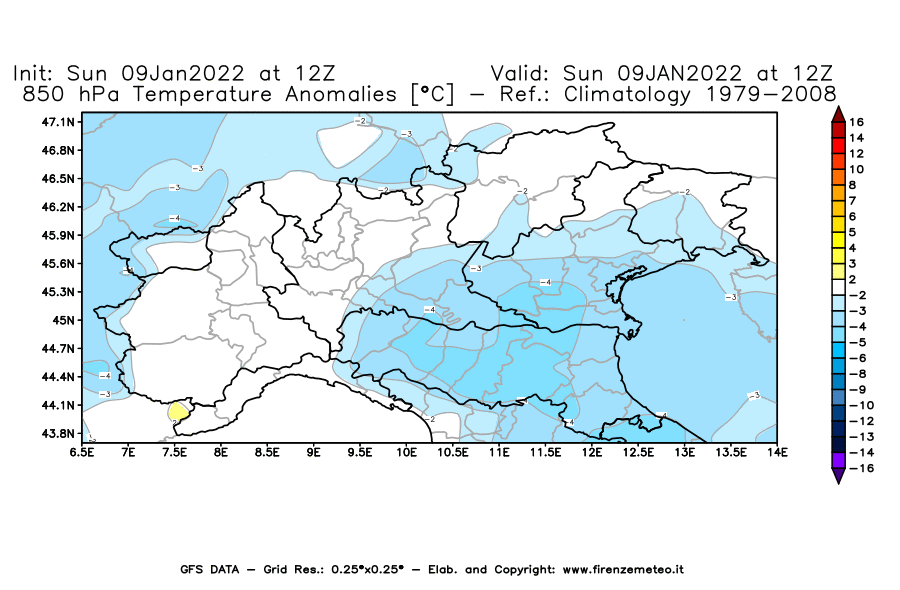 Mappa di analisi GFS - Anomalia Temperatura [°C] a 850 hPa in Nord-Italia
							del 09/01/2022 12 <!--googleoff: index-->UTC<!--googleon: index-->