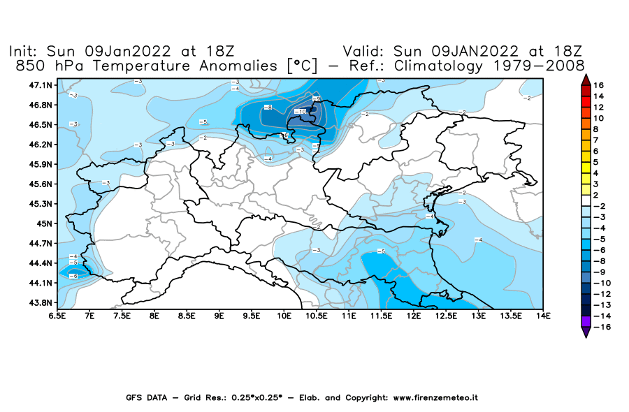 Mappa di analisi GFS - Anomalia Temperatura [°C] a 850 hPa in Nord-Italia
							del 09/01/2022 18 <!--googleoff: index-->UTC<!--googleon: index-->