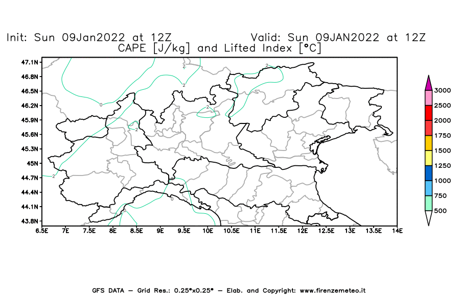 Mappa di analisi GFS - CAPE [J/kg] e Lifted Index [°C] in Nord-Italia
							del 09/01/2022 12 <!--googleoff: index-->UTC<!--googleon: index-->