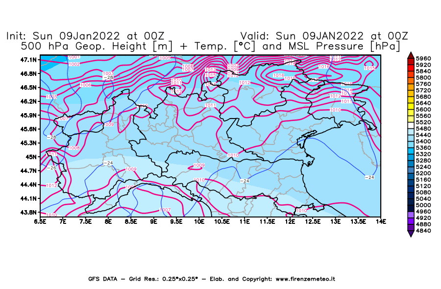 Mappa di analisi GFS - Geopotenziale [m] + Temp. [°C] a 500 hPa + Press. a livello del mare [hPa] in Nord-Italia
							del 09/01/2022 00 <!--googleoff: index-->UTC<!--googleon: index-->