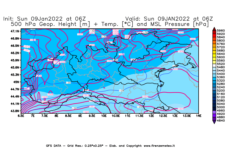 Mappa di analisi GFS - Geopotenziale [m] + Temp. [°C] a 500 hPa + Press. a livello del mare [hPa] in Nord-Italia
							del 09/01/2022 06 <!--googleoff: index-->UTC<!--googleon: index-->