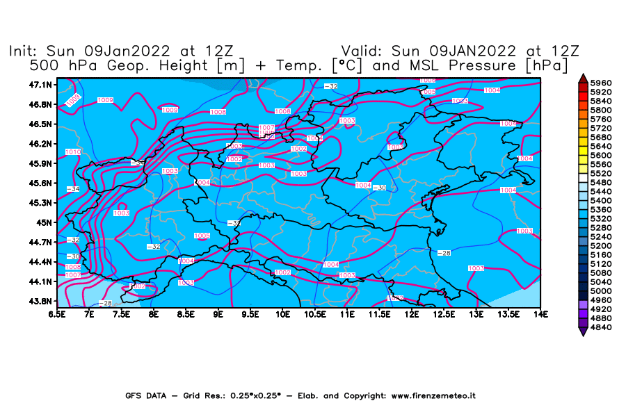 Mappa di analisi GFS - Geopotenziale [m] + Temp. [°C] a 500 hPa + Press. a livello del mare [hPa] in Nord-Italia
							del 09/01/2022 12 <!--googleoff: index-->UTC<!--googleon: index-->