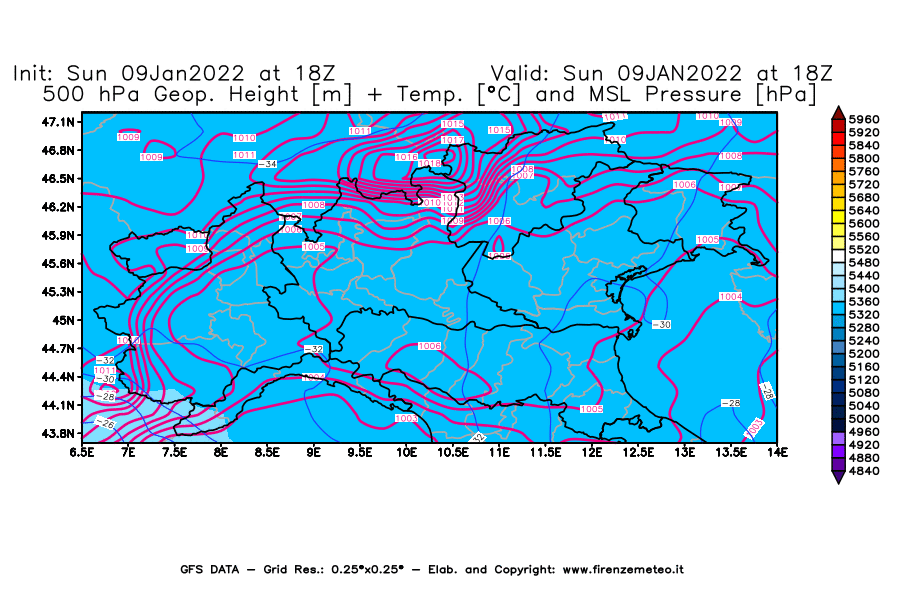 Mappa di analisi GFS - Geopotenziale [m] + Temp. [°C] a 500 hPa + Press. a livello del mare [hPa] in Nord-Italia
							del 09/01/2022 18 <!--googleoff: index-->UTC<!--googleon: index-->