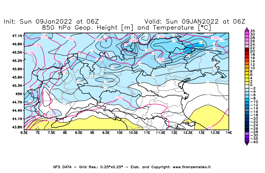 Mappa di analisi GFS - Geopotenziale [m] e Temperatura [°C] a 850 hPa in Nord-Italia
							del 09/01/2022 06 <!--googleoff: index-->UTC<!--googleon: index-->