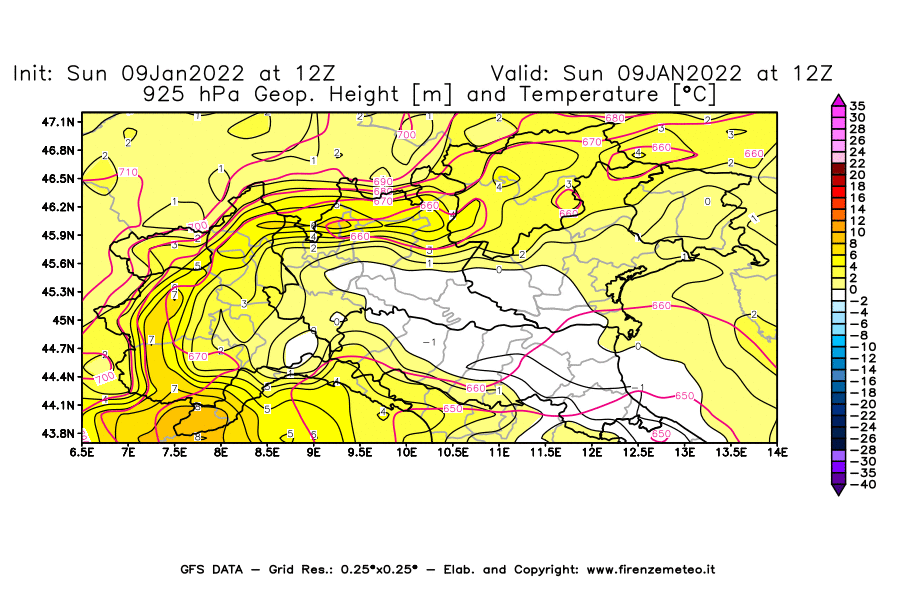 Mappa di analisi GFS - Geopotenziale [m] e Temperatura [°C] a 925 hPa in Nord-Italia
							del 09/01/2022 12 <!--googleoff: index-->UTC<!--googleon: index-->