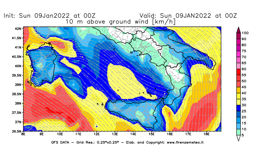Mappa di analisi GFS - Velocità del vento a 10 metri dal suolo [km/h] in Sud-Italia
							del 09/01/2022 00 <!--googleoff: index-->UTC<!--googleon: index-->