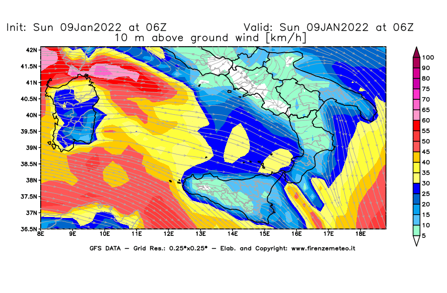 Mappa di analisi GFS - Velocità del vento a 10 metri dal suolo [km/h] in Sud-Italia
							del 09/01/2022 06 <!--googleoff: index-->UTC<!--googleon: index-->