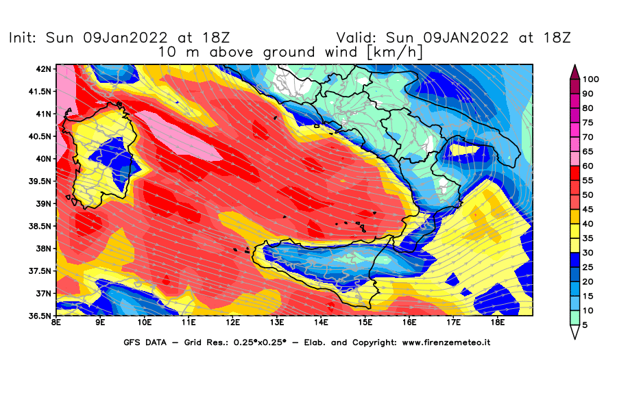Mappa di analisi GFS - Velocità del vento a 10 metri dal suolo [km/h] in Sud-Italia
							del 09/01/2022 18 <!--googleoff: index-->UTC<!--googleon: index-->