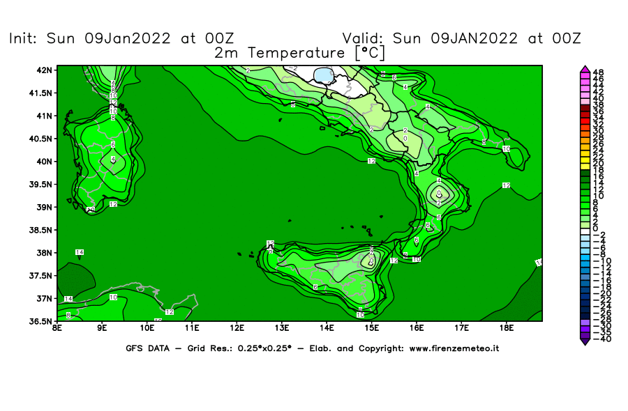 Mappa di analisi GFS - Temperatura a 2 metri dal suolo [°C] in Sud-Italia
							del 09/01/2022 00 <!--googleoff: index-->UTC<!--googleon: index-->