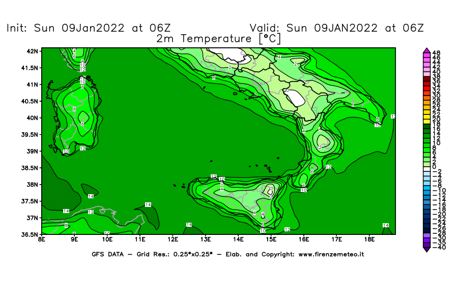 Mappa di analisi GFS - Temperatura a 2 metri dal suolo [°C] in Sud-Italia
							del 09/01/2022 06 <!--googleoff: index-->UTC<!--googleon: index-->