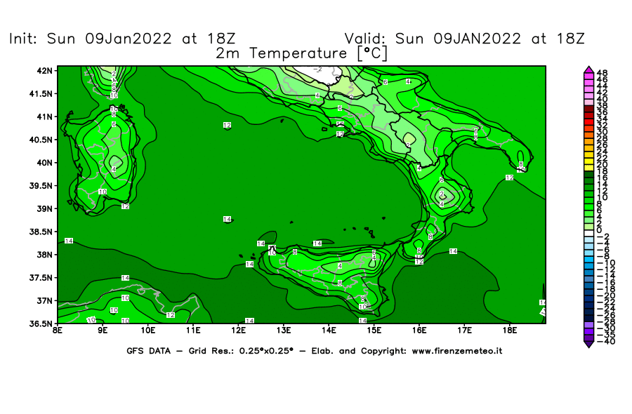 Mappa di analisi GFS - Temperatura a 2 metri dal suolo [°C] in Sud-Italia
							del 09/01/2022 18 <!--googleoff: index-->UTC<!--googleon: index-->