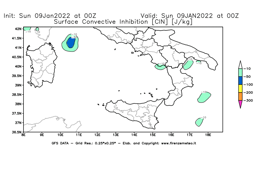 Mappa di analisi GFS - CIN [J/kg] in Sud-Italia
							del 09/01/2022 00 <!--googleoff: index-->UTC<!--googleon: index-->
