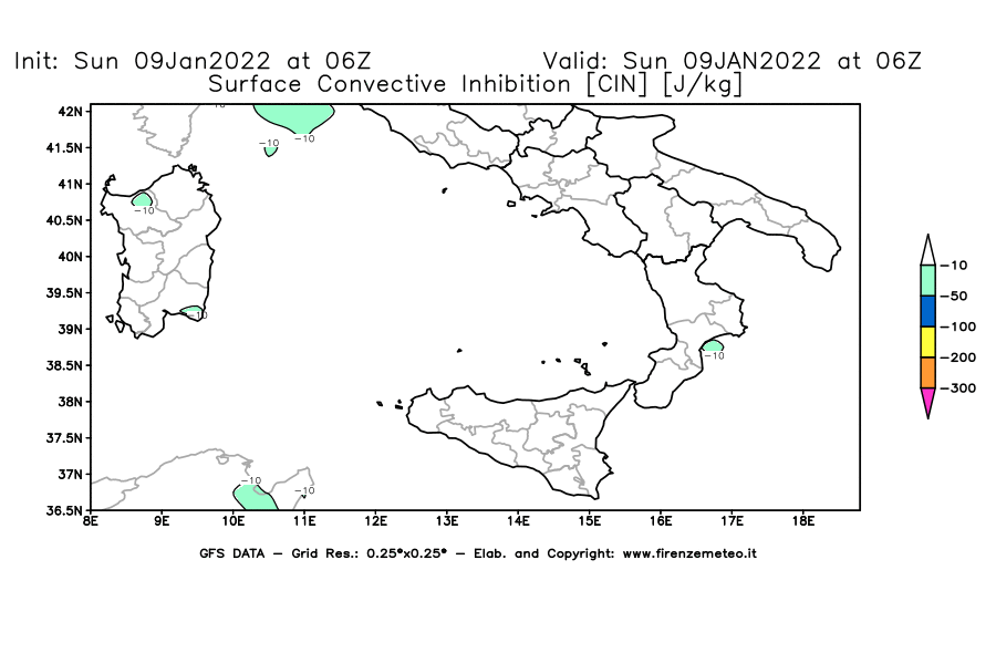 Mappa di analisi GFS - CIN [J/kg] in Sud-Italia
							del 09/01/2022 06 <!--googleoff: index-->UTC<!--googleon: index-->