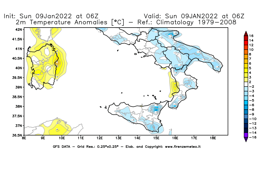 Mappa di analisi GFS - Anomalia Temperatura [°C] a 2 m in Sud-Italia
							del 09/01/2022 06 <!--googleoff: index-->UTC<!--googleon: index-->