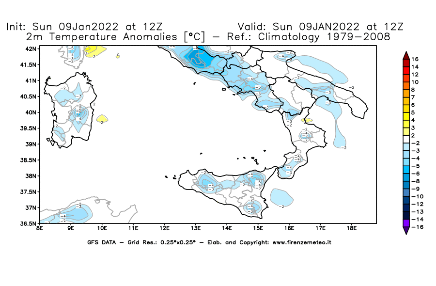 Mappa di analisi GFS - Anomalia Temperatura [°C] a 2 m in Sud-Italia
							del 09/01/2022 12 <!--googleoff: index-->UTC<!--googleon: index-->
