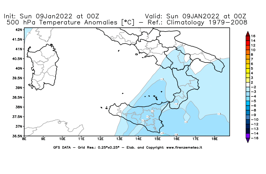 Mappa di analisi GFS - Anomalia Temperatura [°C] a 500 hPa in Sud-Italia
							del 09/01/2022 00 <!--googleoff: index-->UTC<!--googleon: index-->