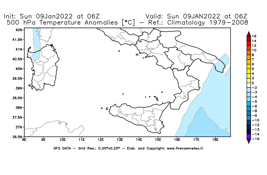 Mappa di analisi GFS - Anomalia Temperatura [°C] a 500 hPa in Sud-Italia
							del 09/01/2022 06 <!--googleoff: index-->UTC<!--googleon: index-->