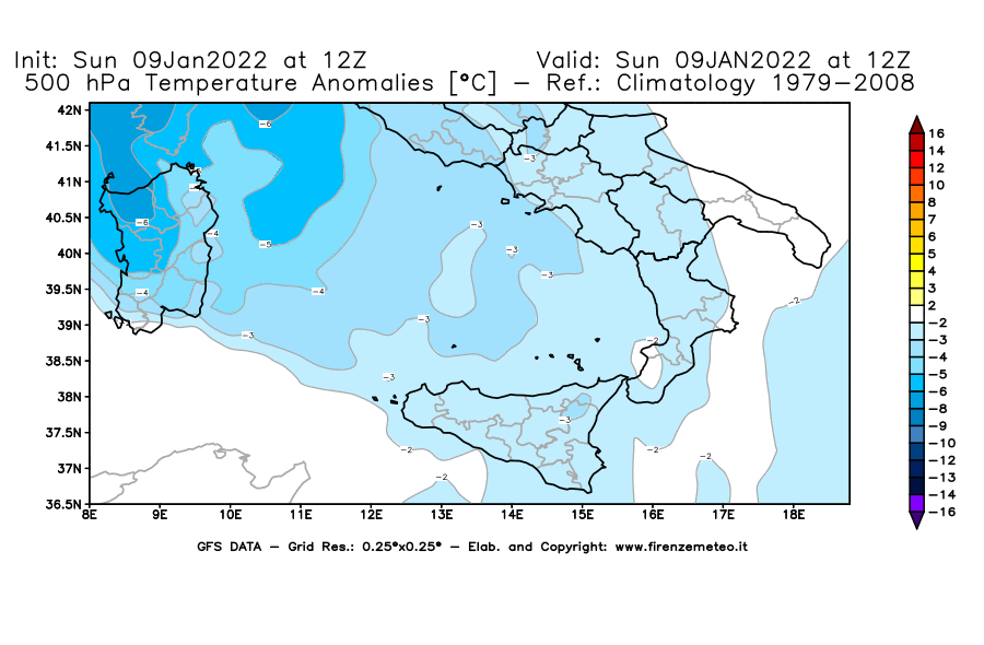 Mappa di analisi GFS - Anomalia Temperatura [°C] a 500 hPa in Sud-Italia
							del 09/01/2022 12 <!--googleoff: index-->UTC<!--googleon: index-->