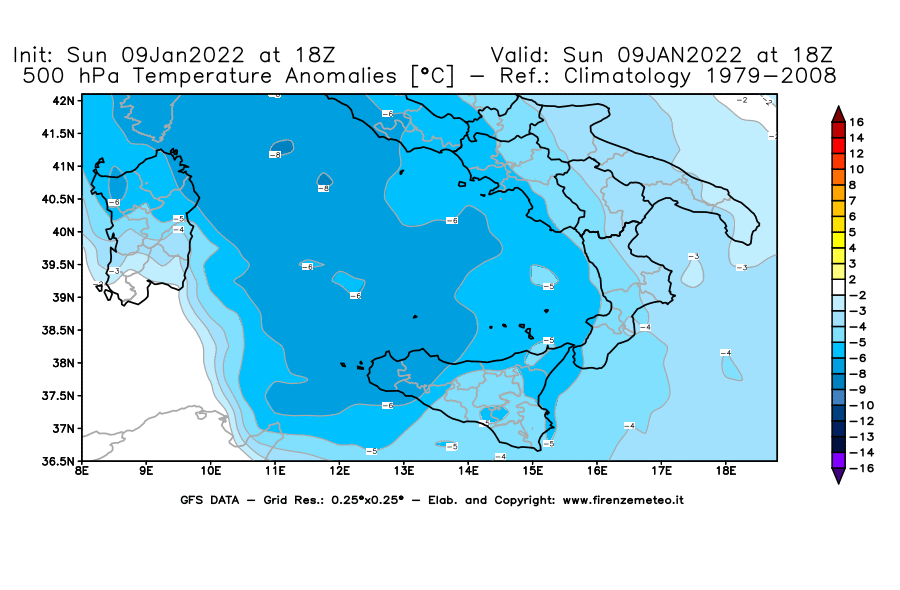 Mappa di analisi GFS - Anomalia Temperatura [°C] a 500 hPa in Sud-Italia
							del 09/01/2022 18 <!--googleoff: index-->UTC<!--googleon: index-->