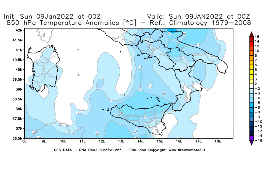 Mappa di analisi GFS - Anomalia Temperatura [°C] a 850 hPa in Sud-Italia
							del 09/01/2022 00 <!--googleoff: index-->UTC<!--googleon: index-->