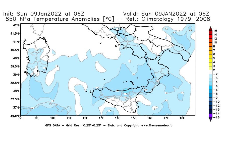 Mappa di analisi GFS - Anomalia Temperatura [°C] a 850 hPa in Sud-Italia
							del 09/01/2022 06 <!--googleoff: index-->UTC<!--googleon: index-->