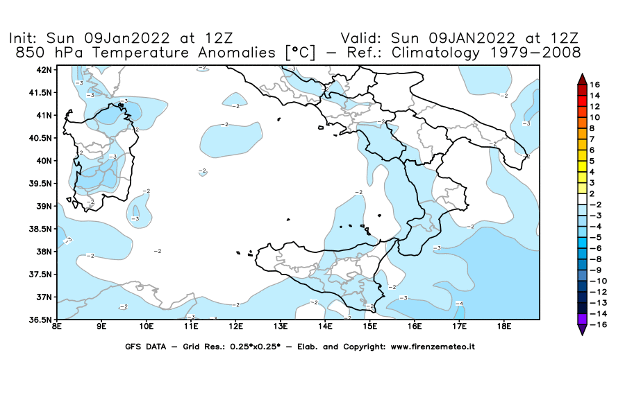 Mappa di analisi GFS - Anomalia Temperatura [°C] a 850 hPa in Sud-Italia
							del 09/01/2022 12 <!--googleoff: index-->UTC<!--googleon: index-->