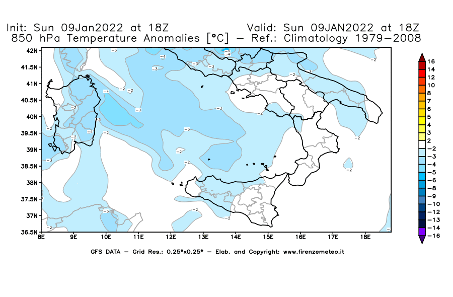 Mappa di analisi GFS - Anomalia Temperatura [°C] a 850 hPa in Sud-Italia
							del 09/01/2022 18 <!--googleoff: index-->UTC<!--googleon: index-->