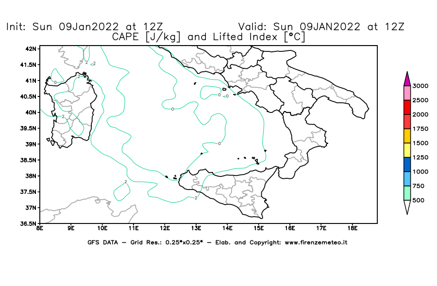 Mappa di analisi GFS - CAPE [J/kg] e Lifted Index [°C] in Sud-Italia
							del 09/01/2022 12 <!--googleoff: index-->UTC<!--googleon: index-->