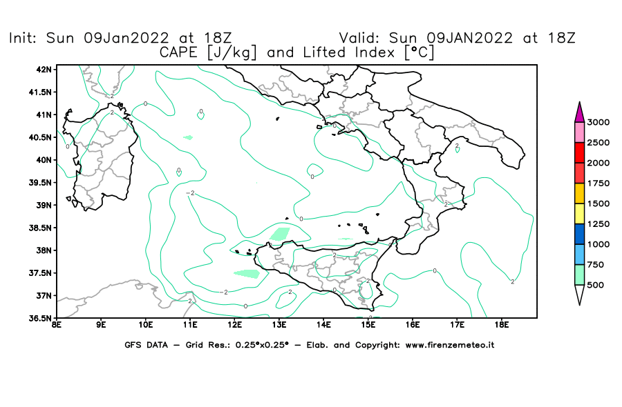 Mappa di analisi GFS - CAPE [J/kg] e Lifted Index [°C] in Sud-Italia
							del 09/01/2022 18 <!--googleoff: index-->UTC<!--googleon: index-->