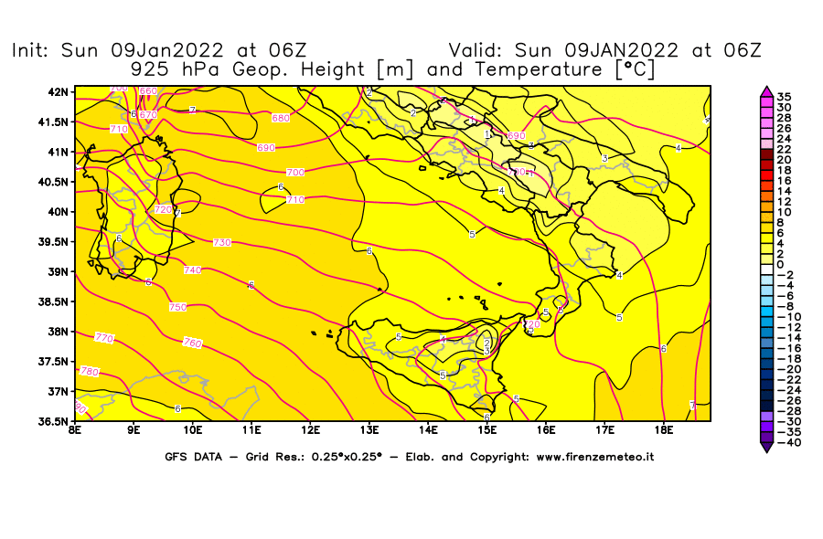 Mappa di analisi GFS - Geopotenziale [m] e Temperatura [°C] a 925 hPa in Sud-Italia
							del 09/01/2022 06 <!--googleoff: index-->UTC<!--googleon: index-->
