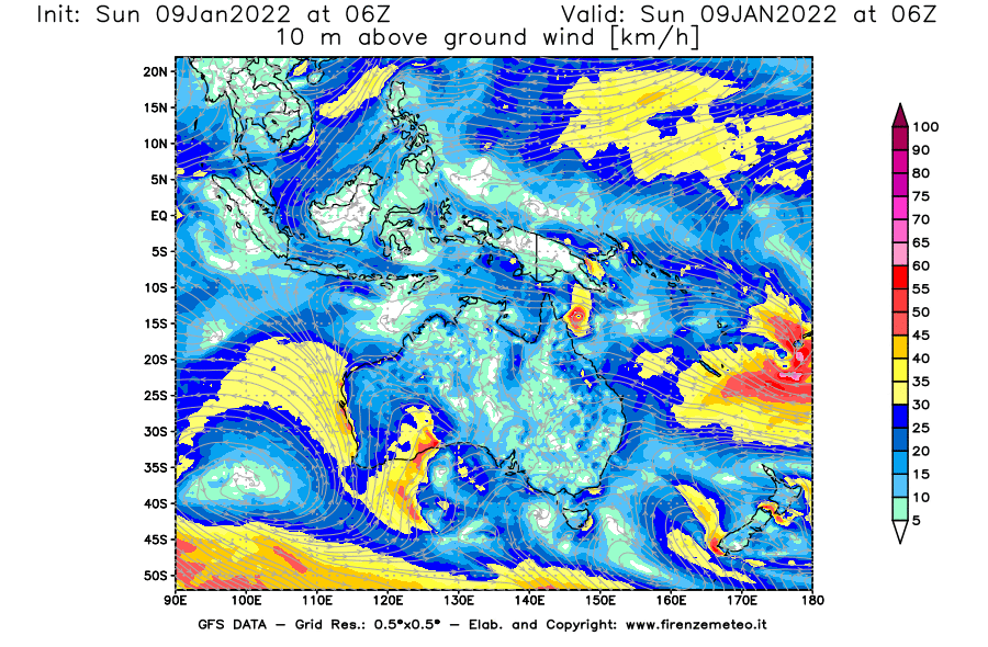 Mappa di analisi GFS - Velocità del vento a 10 metri dal suolo [km/h] in Oceania
							del 09/01/2022 06 <!--googleoff: index-->UTC<!--googleon: index-->