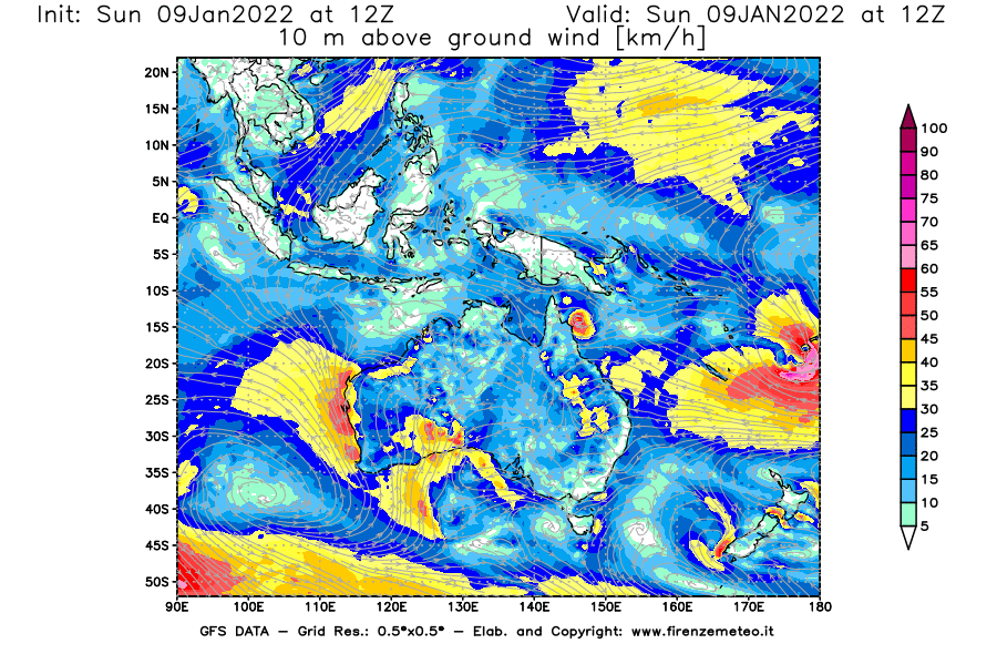 Mappa di analisi GFS - Velocità del vento a 10 metri dal suolo [km/h] in Oceania
							del 09/01/2022 12 <!--googleoff: index-->UTC<!--googleon: index-->