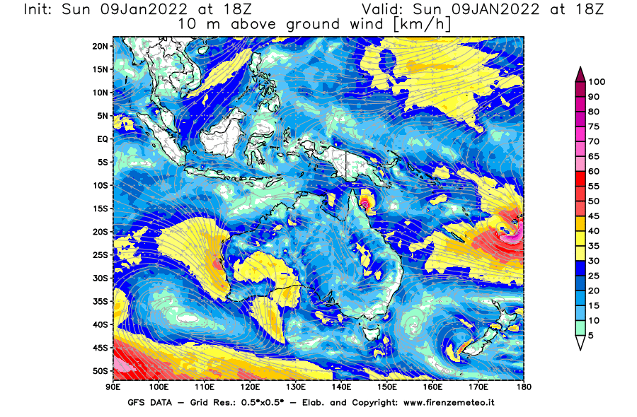 Mappa di analisi GFS - Velocità del vento a 10 metri dal suolo [km/h] in Oceania
							del 09/01/2022 18 <!--googleoff: index-->UTC<!--googleon: index-->
