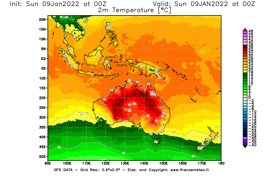 Mappa di analisi GFS - Temperatura a 2 metri dal suolo [°C] in Oceania
							del 09/01/2022 00 <!--googleoff: index-->UTC<!--googleon: index-->