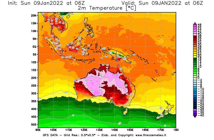 Mappa di analisi GFS - Temperatura a 2 metri dal suolo [°C] in Oceania
							del 09/01/2022 06 <!--googleoff: index-->UTC<!--googleon: index-->