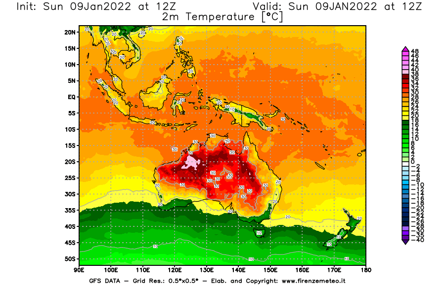 Mappa di analisi GFS - Temperatura a 2 metri dal suolo [°C] in Oceania
							del 09/01/2022 12 <!--googleoff: index-->UTC<!--googleon: index-->