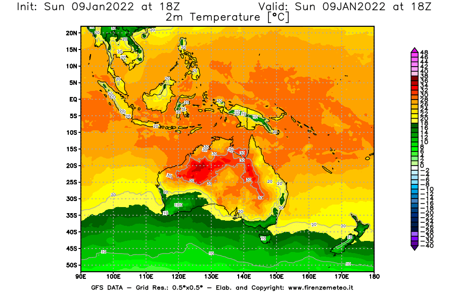 Mappa di analisi GFS - Temperatura a 2 metri dal suolo [°C] in Oceania
							del 09/01/2022 18 <!--googleoff: index-->UTC<!--googleon: index-->