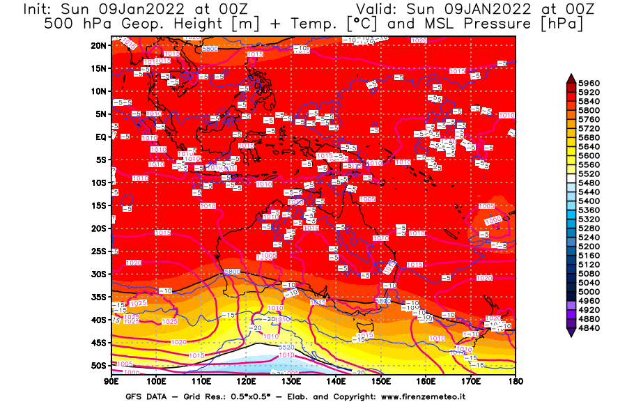 Mappa di analisi GFS - Geopotenziale [m] + Temp. [°C] a 500 hPa + Press. a livello del mare [hPa] in Oceania
							del 09/01/2022 00 <!--googleoff: index-->UTC<!--googleon: index-->