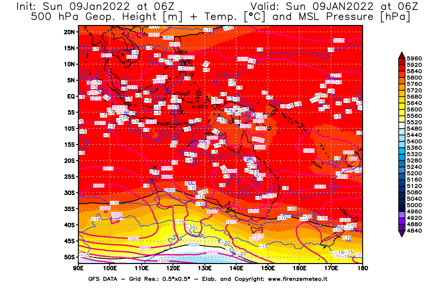 Mappa di analisi GFS - Geopotenziale [m] + Temp. [°C] a 500 hPa + Press. a livello del mare [hPa] in Oceania
							del 09/01/2022 06 <!--googleoff: index-->UTC<!--googleon: index-->